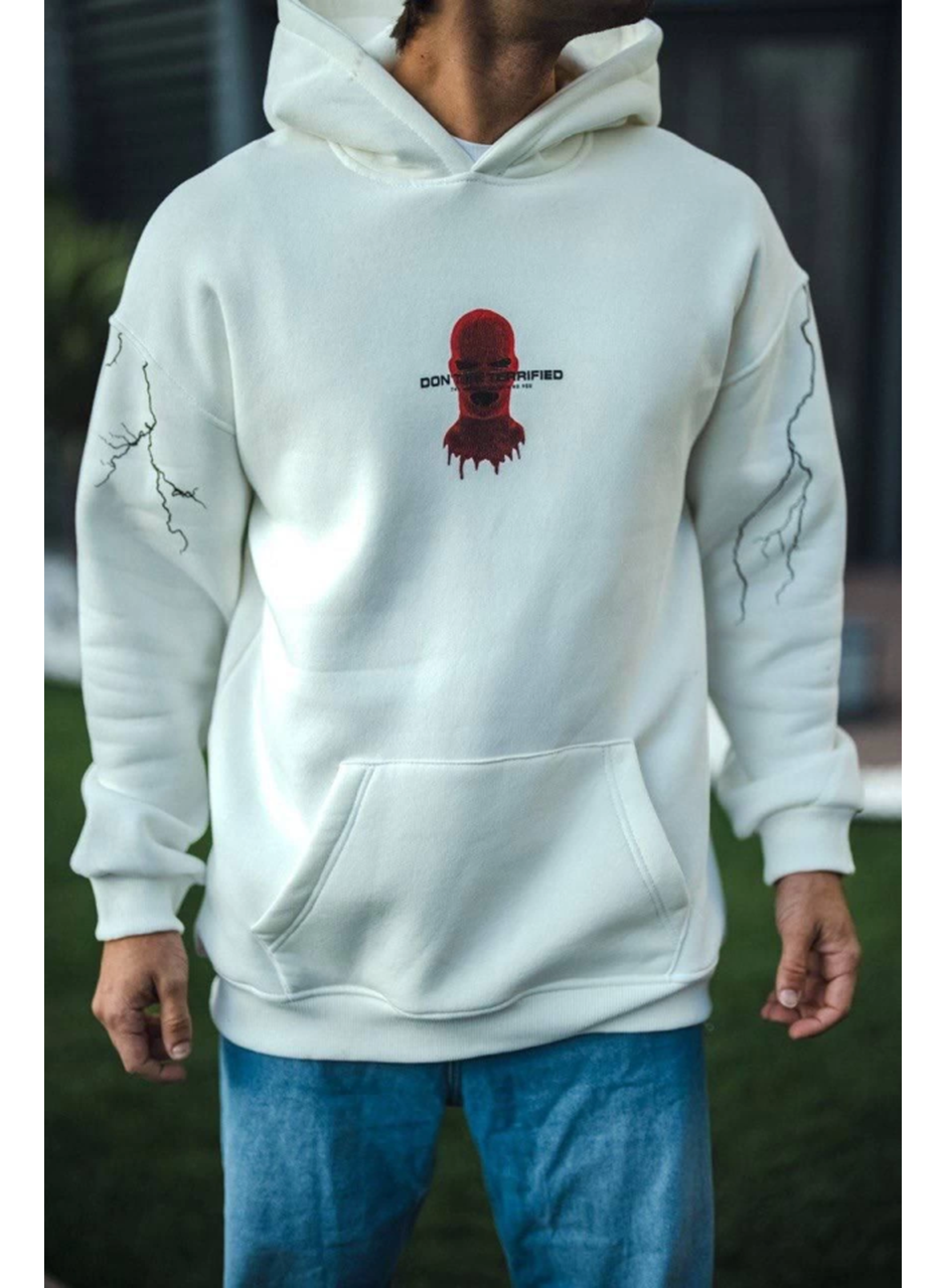 Üç İplik Kapşonlu Baskılı Oversize SweatShirt- Beyaz