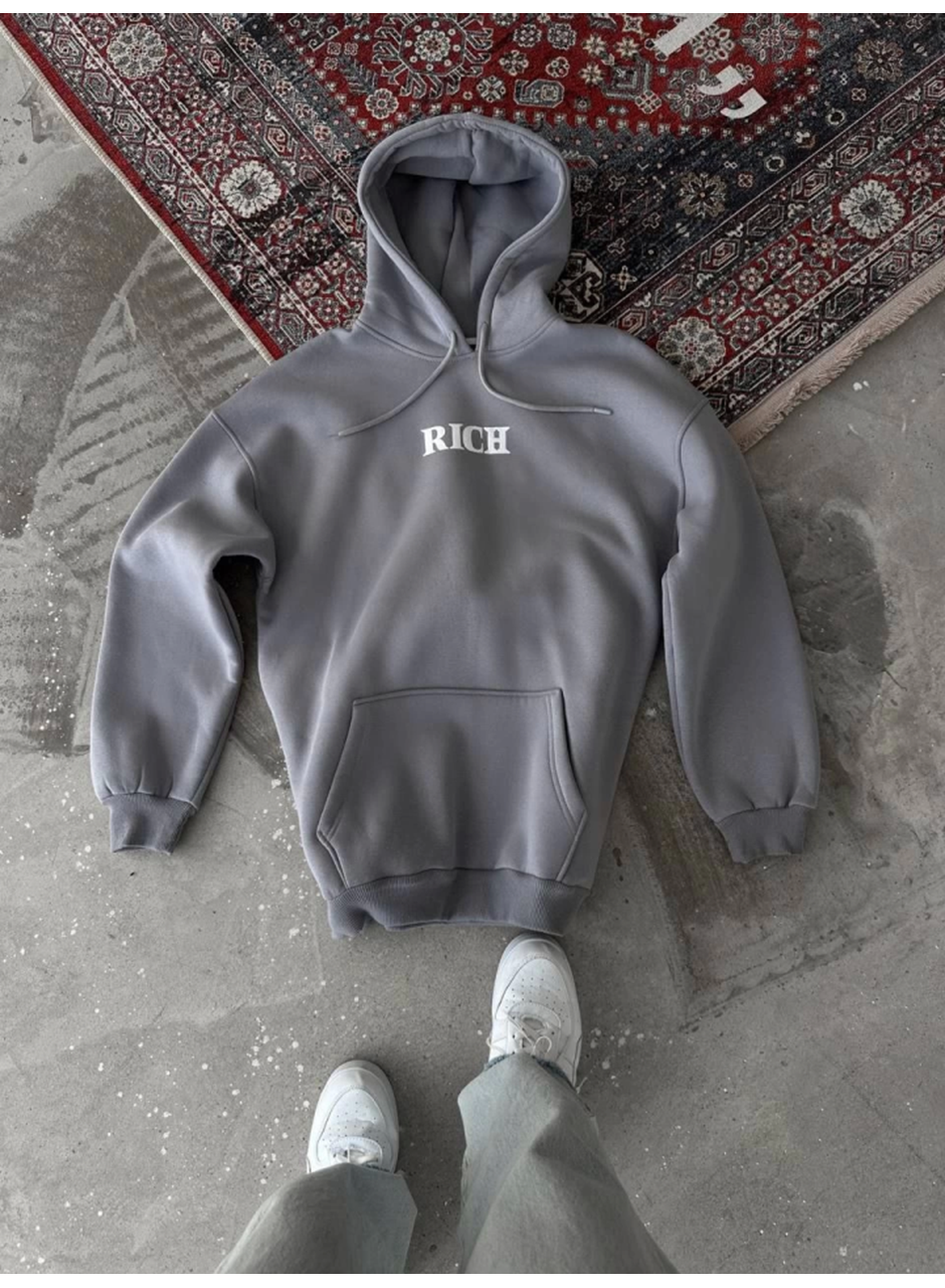 Uzun Kol Kapşonlu Göğüs Baskılı SweatShirt - Gri