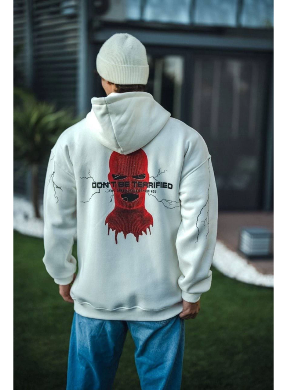 Üç İplik Kapşonlu Baskılı Oversize SweatShirt- Beyaz