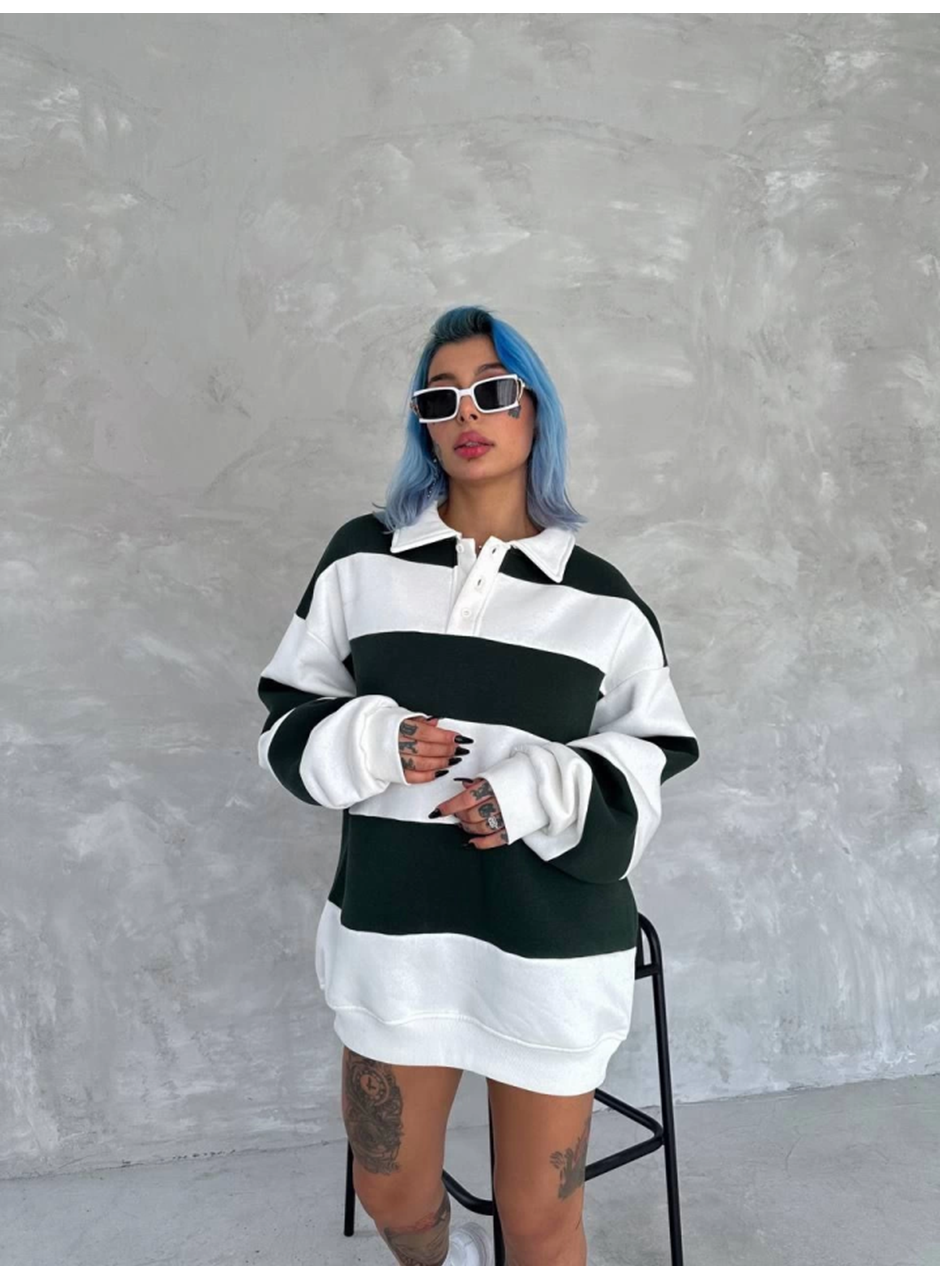 Unisex Üç İplik Parçalı Yakalı SweatShirt - Yeşil