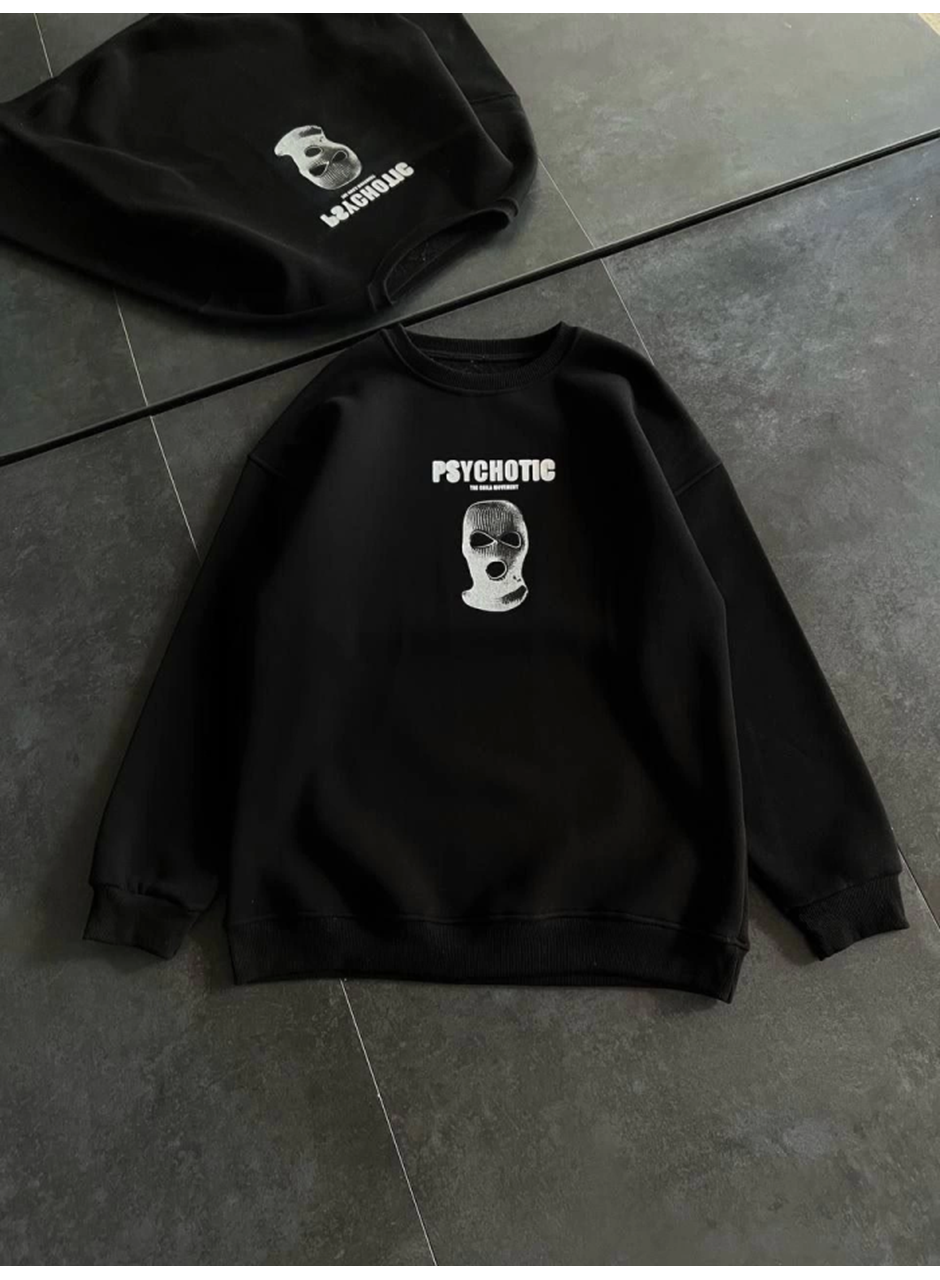 Kışlık Bisiklet Yaka Baskılı SweatShirt - Siyah