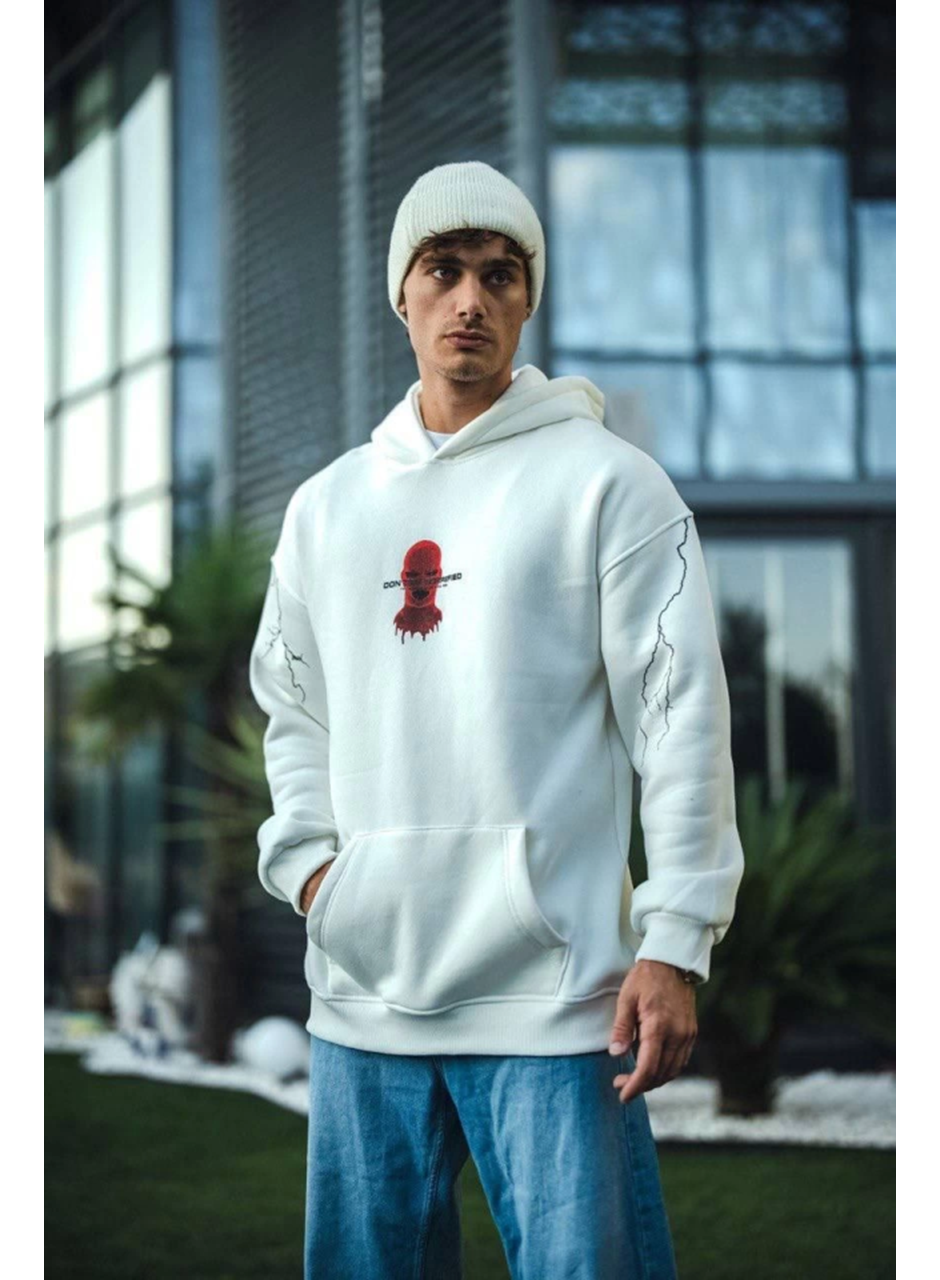 Üç İplik Kapşonlu Baskılı Oversize SweatShirt- Beyaz