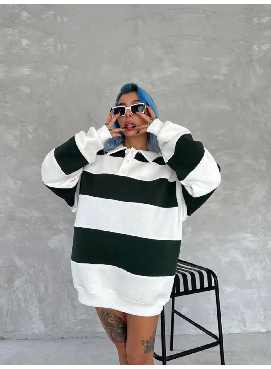 Unisex Üç İplik Parçalı Yakalı SweatShirt - Yeşil