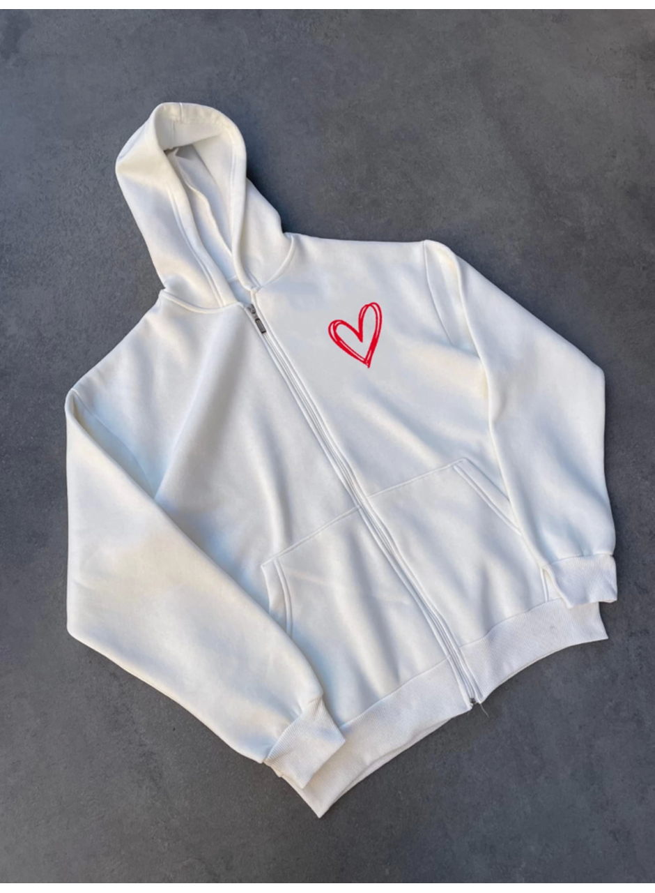 Üç İplik Baskılı Fermuarlı Kapşonlu Hırka - Beyaz