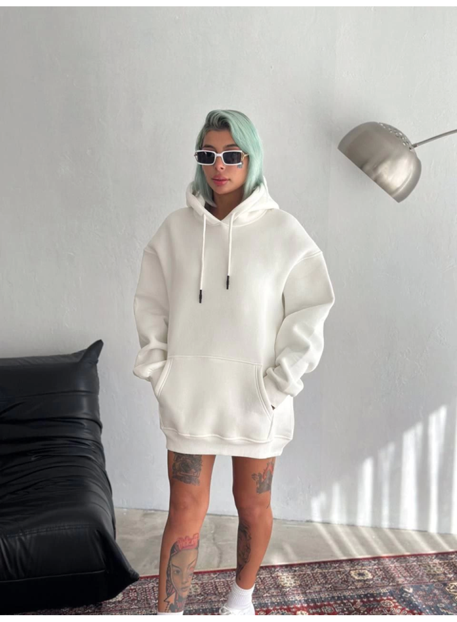 Kapşonlu Üç İplik Penye Basic SweatShirt - Beyaz