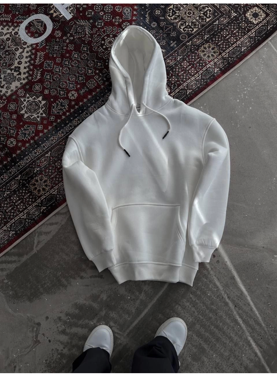 Kapşonlu Üç İplik Penye Basic SweatShirt - Beyaz