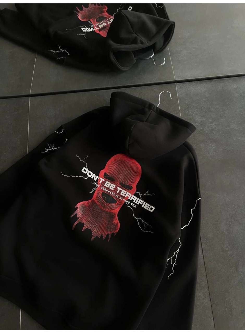 Üç İplik Kapşonlu Baskılı Oversize SweatShirt- Siyah