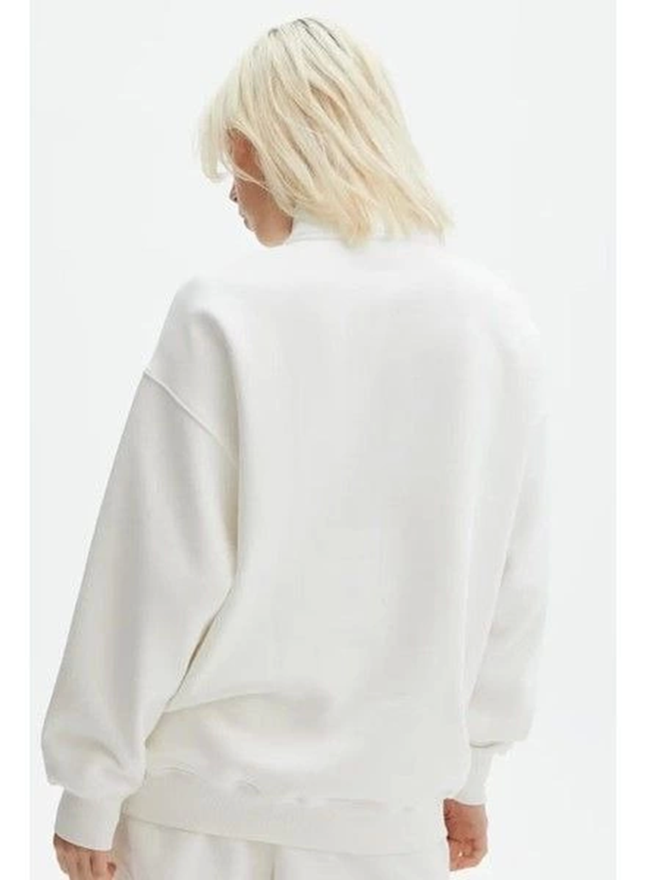 Unisex Uzun Kol Yarım Farmuarlı Yakalı Basic SweatShirt - Beyaz