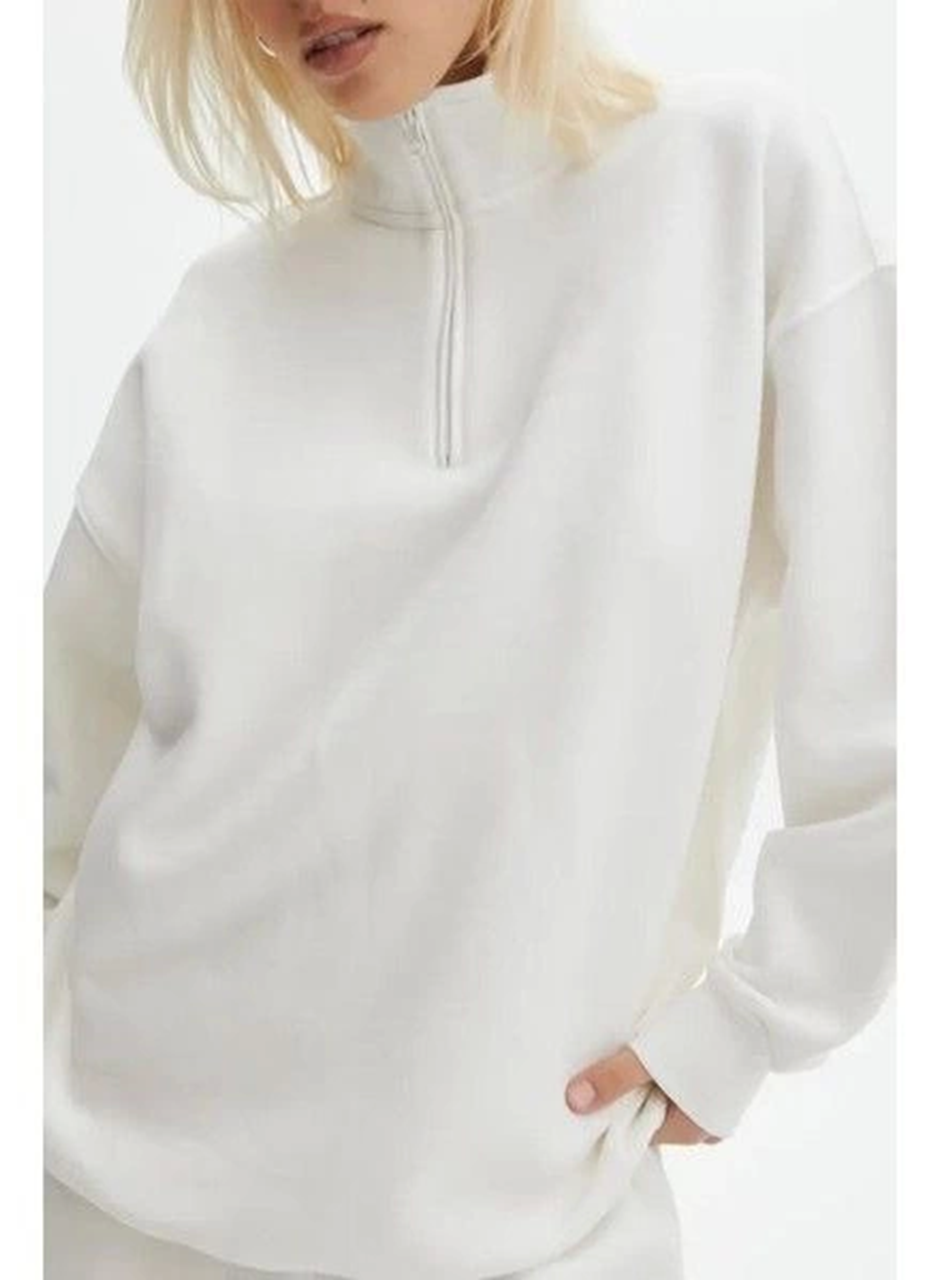Unisex Uzun Kol Yarım Farmuarlı Yakalı Basic SweatShirt - Beyaz