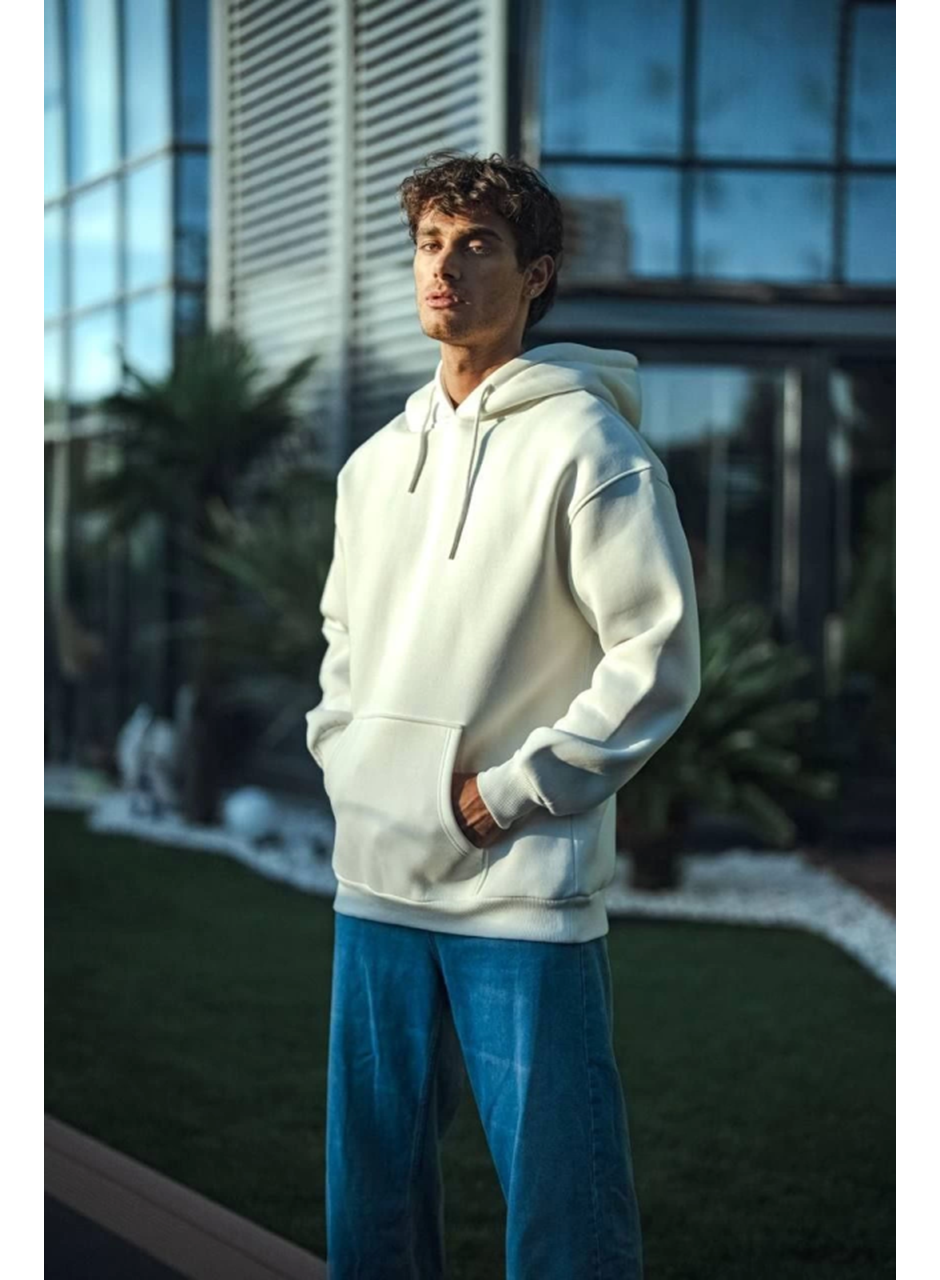 Üç İplik Penye Kapşonlu Basic SweatShirt - Beyaz
