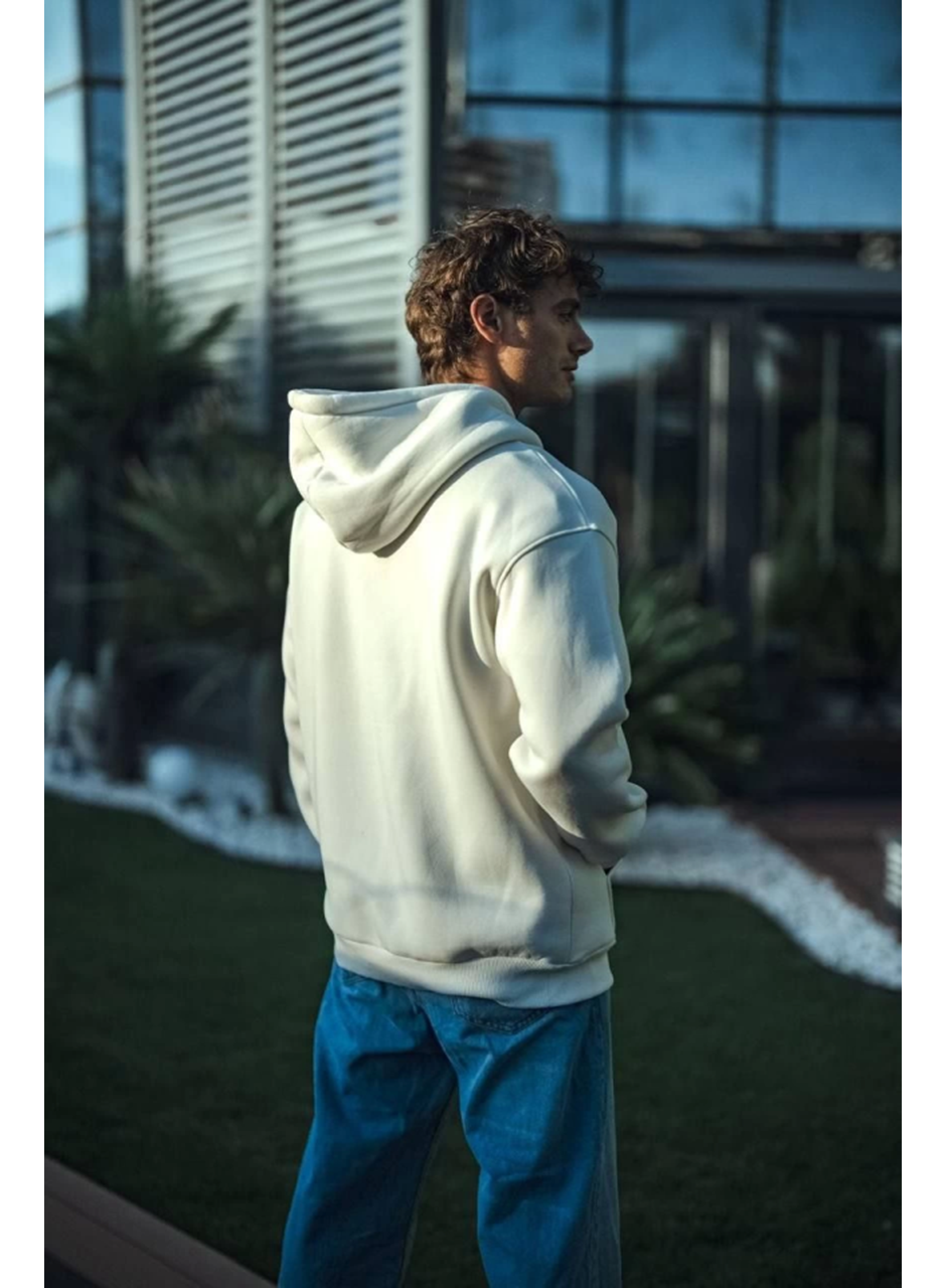 Üç İplik Penye Kapşonlu Basic SweatShirt - Beyaz
