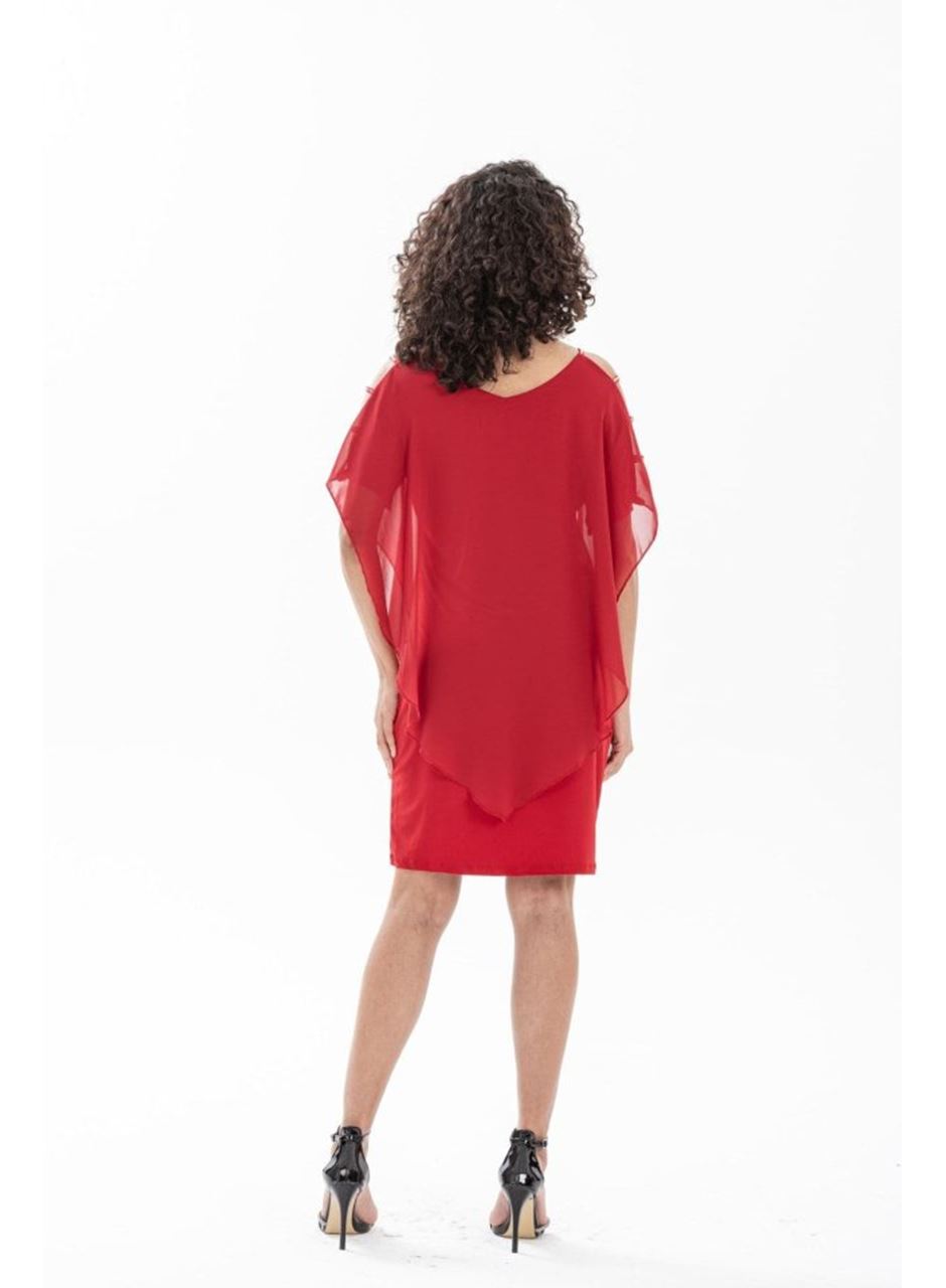 Kadın Omzu Açık V Yaka Şifonlu Sandy Kumaş Fırsat Ürün Diz Üstü Elbise