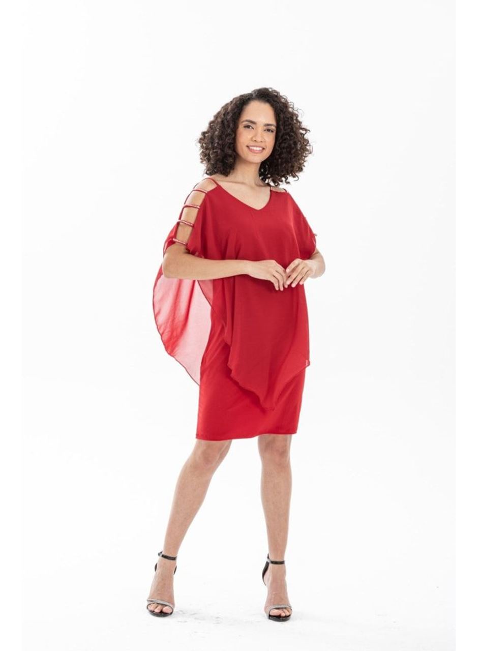 Kadın Omzu Açık V Yaka Şifonlu Sandy Kumaş Fırsat Ürün Diz Üstü Elbise