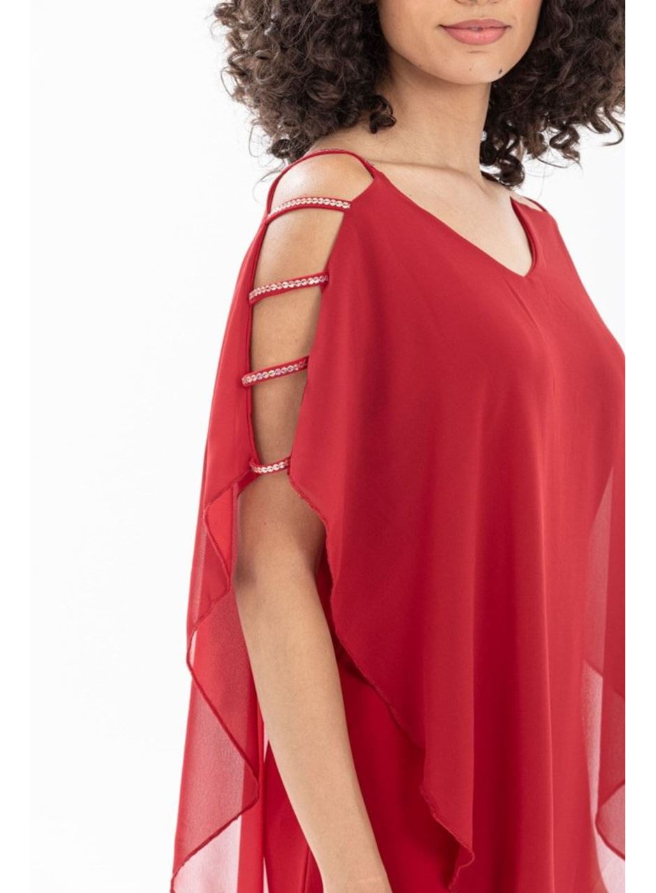 Kadın Omzu Açık V Yaka Şifonlu Sandy Kumaş Fırsat Ürün Diz Üstü Elbise