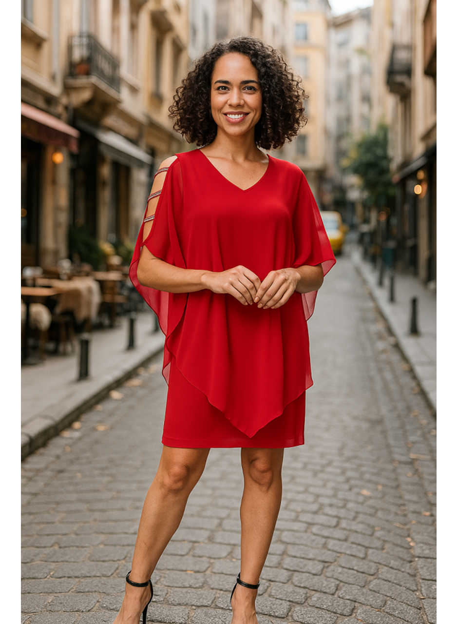 Kadın Omzu Açık V Yaka Şifonlu Sandy Kumaş Fırsat Ürün Diz Üstü Elbise