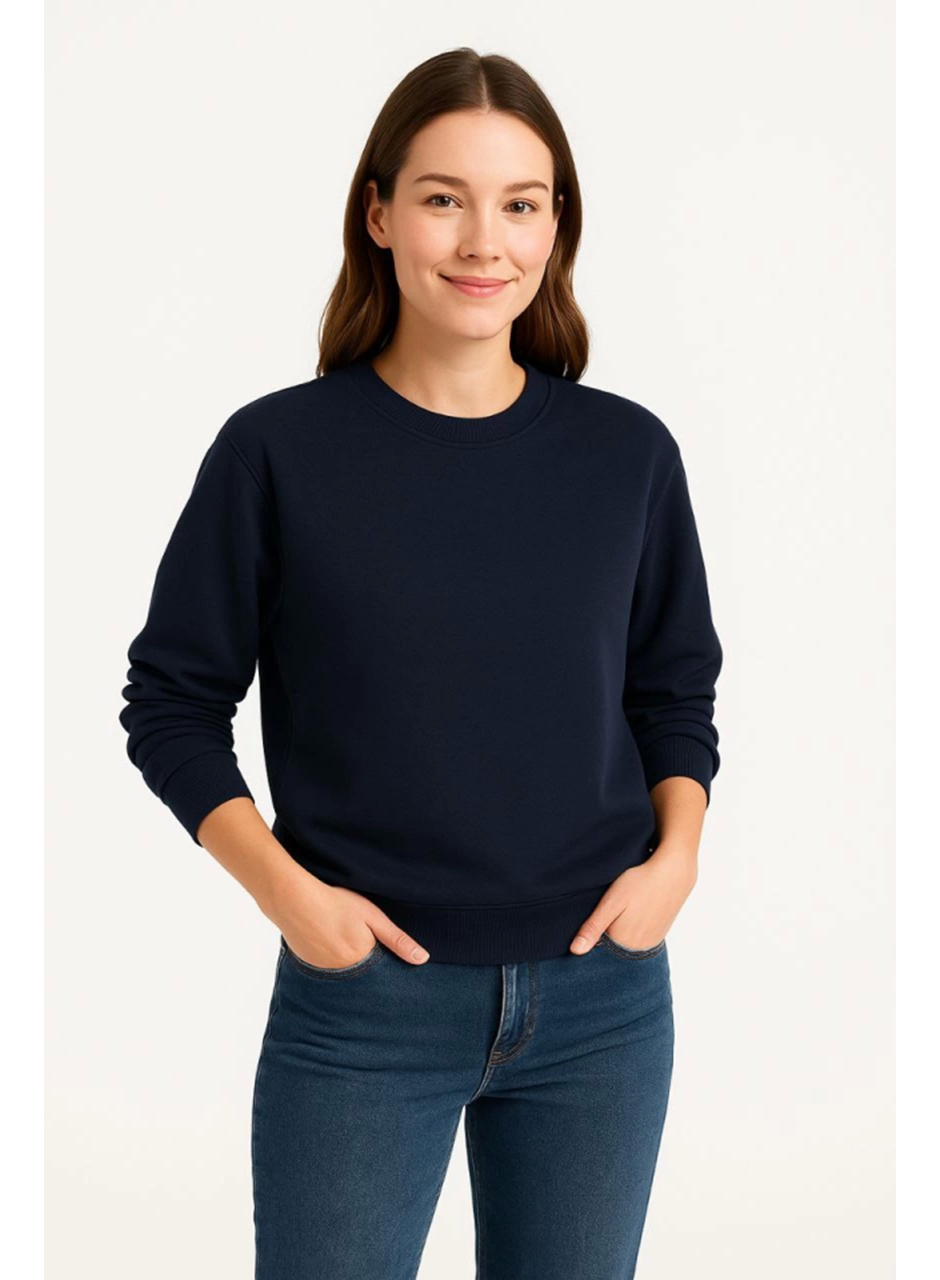 Üç İplik Düz Bisiklet Yaka SweatShirt - Lacivert