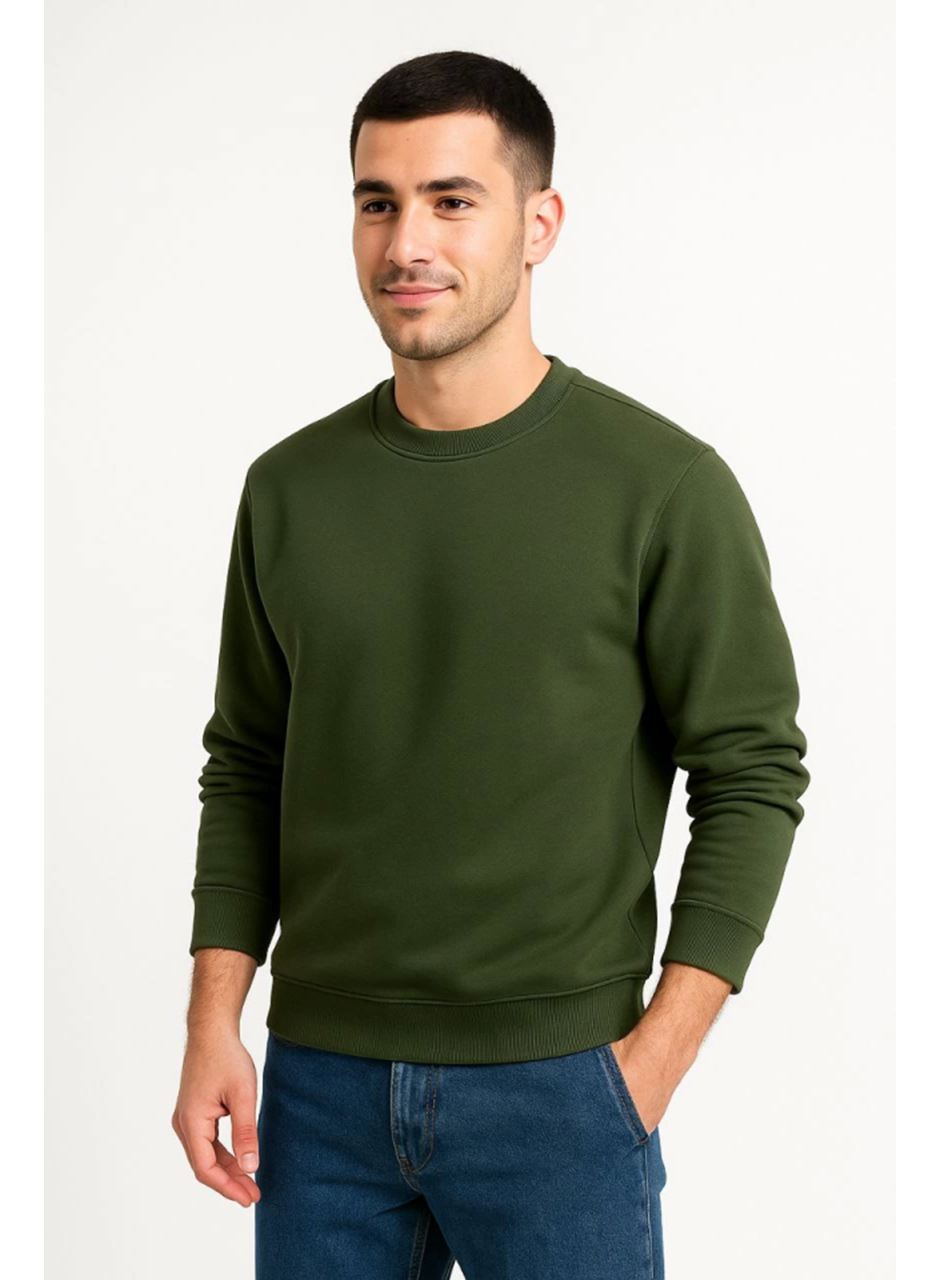 Erkek Üç İplik Düz Bisiklet Yaka SweatShirt - Haki