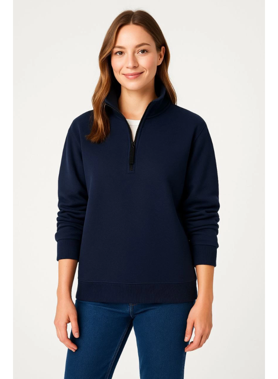 Üç İplik Dık Yaka Yarım Fermuarlı SweatShirt - Lacivert