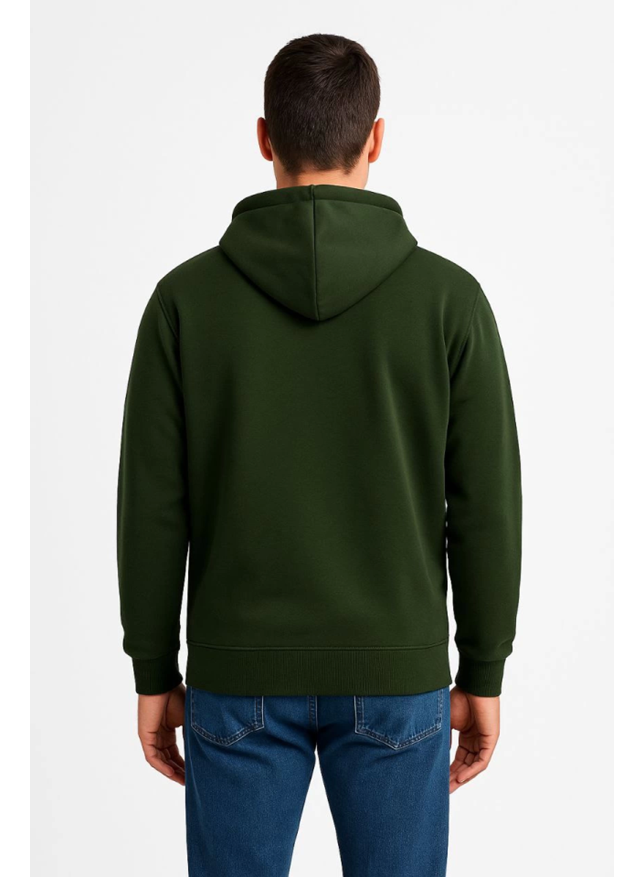 Erkek Üç İplik Kapüşonlu Tam Fermuarlı Kanguru Çepli SweatShirt Hoodie - Haki