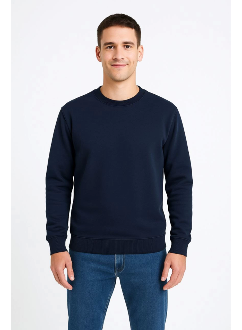 Erkek Üç İplik Düz Bisiklet Yaka SweatShirt - Lacivert