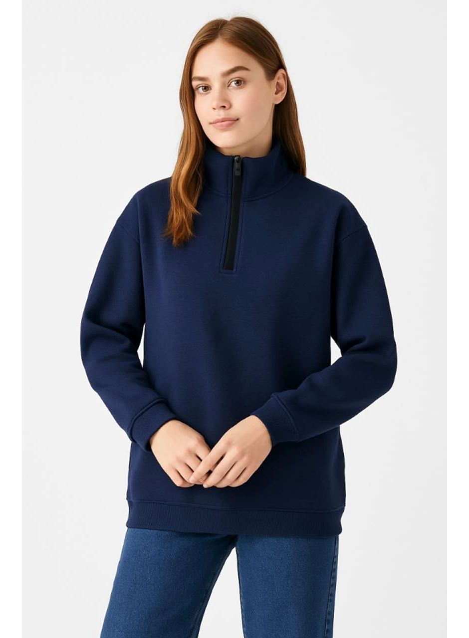 Üç İplik Dık Yaka Yarım Fermuarlı SweatShirt - Lacivert