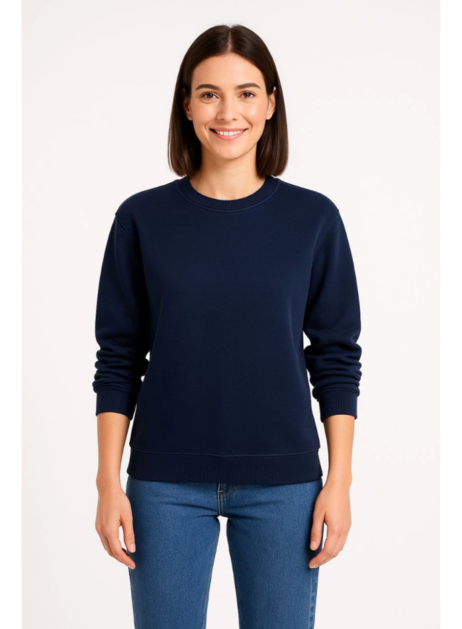 Üç İplik Düz Bisiklet Yaka SweatShirt - Lacivert