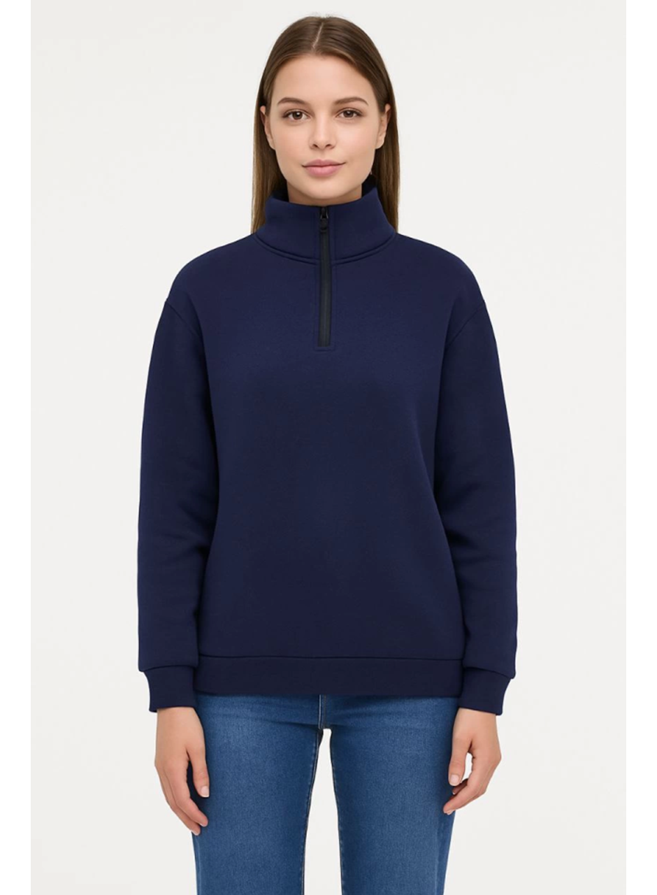 Üç İplik Dık Yaka Yarım Fermuarlı SweatShirt - Lacivert