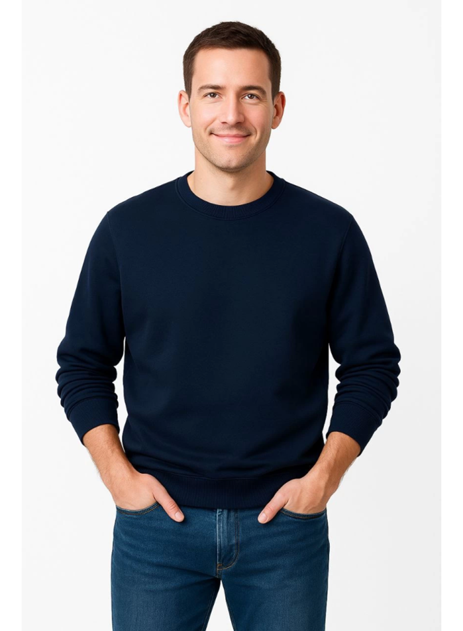 Erkek Üç İplik Düz Bisiklet Yaka SweatShirt - Lacivert