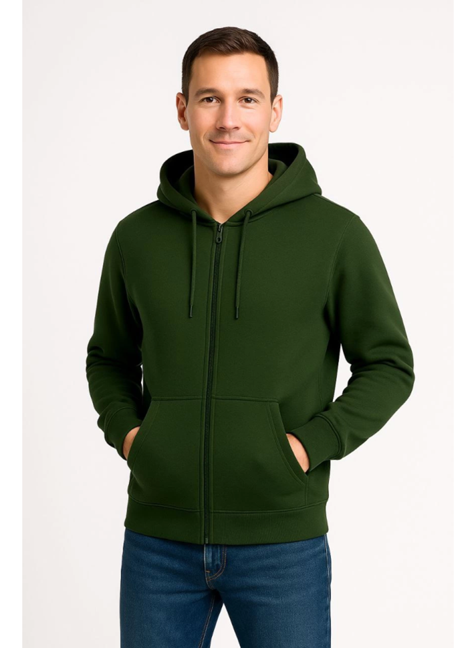 Erkek Üç İplik Kapüşonlu Tam Fermuarlı Kanguru Çepli SweatShirt Hoodie - Haki