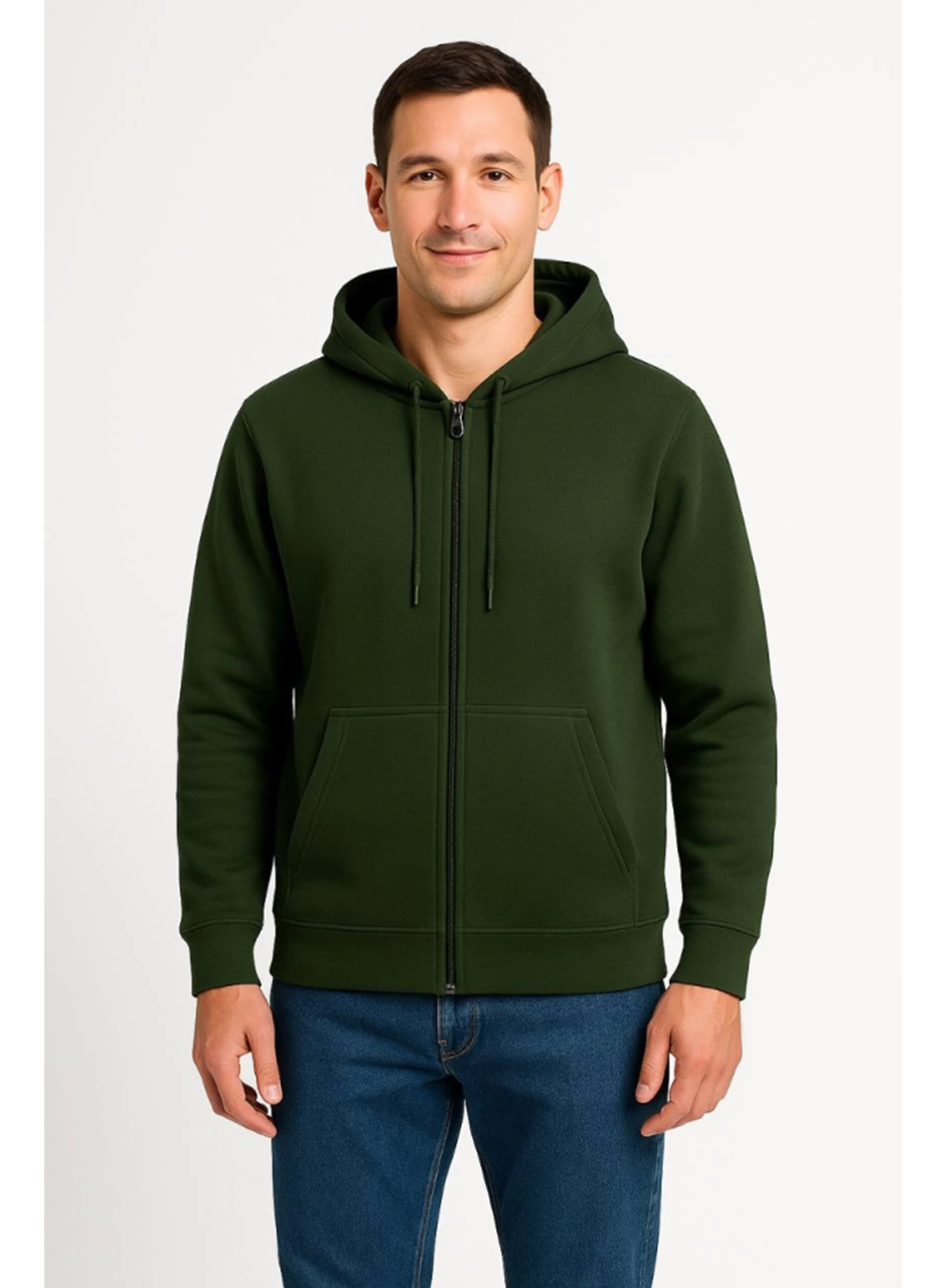 Erkek Üç İplik Kapüşonlu Tam Fermuarlı Kanguru Çepli SweatShirt Hoodie - Haki