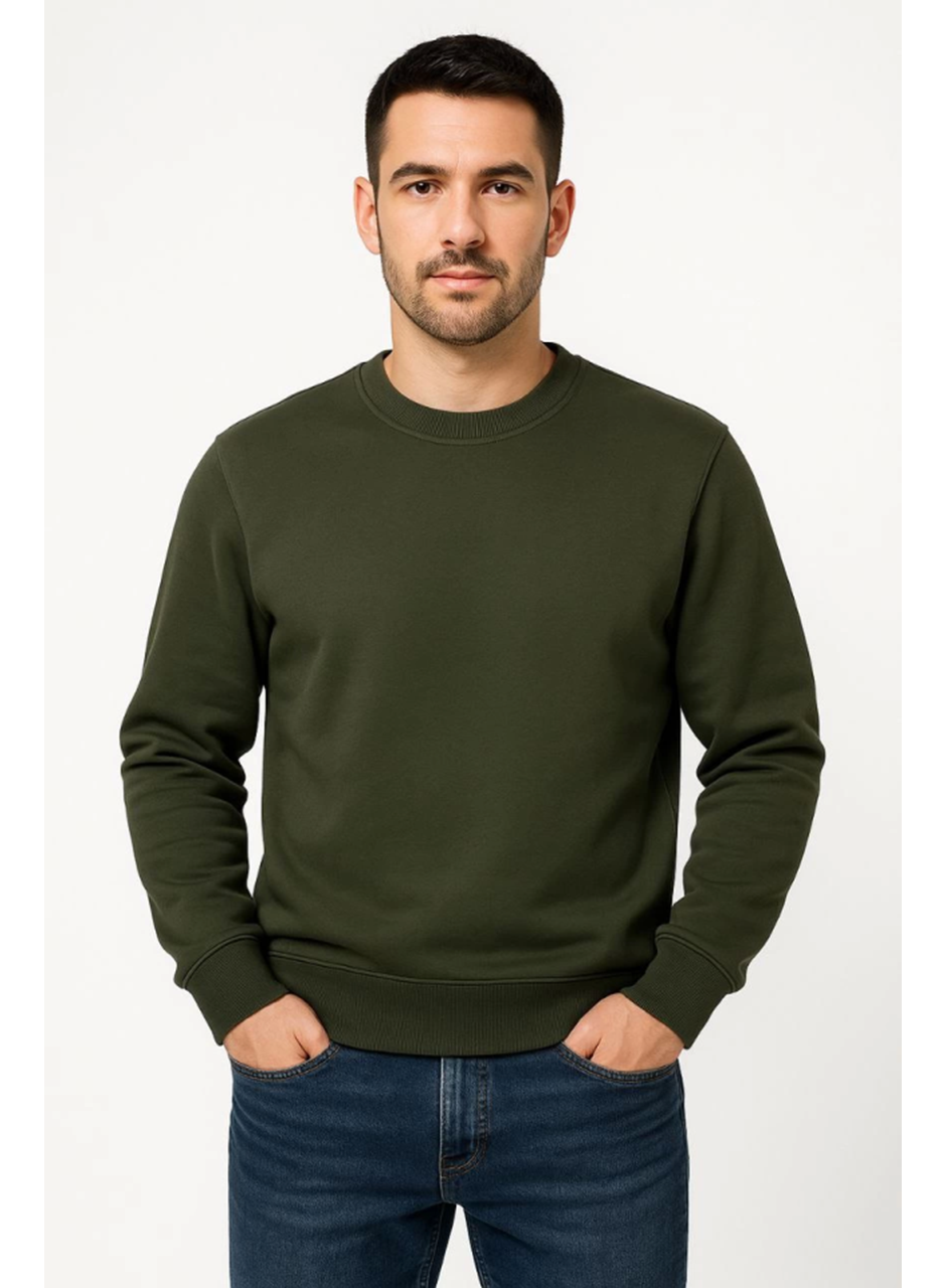Erkek Üç İplik Düz Bisiklet Yaka SweatShirt - Haki