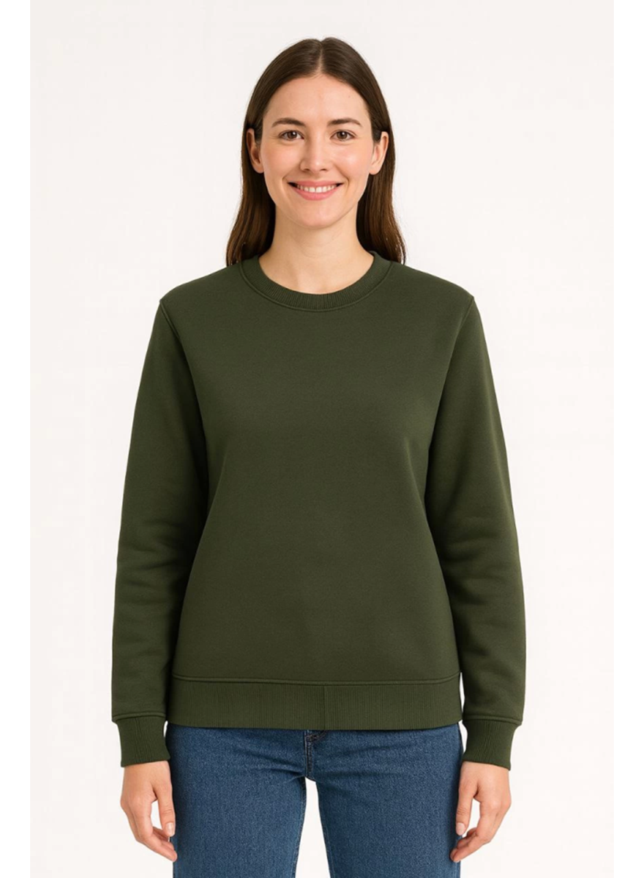 Üç İplik Düz Bisiklet Yaka SweatShirt - Haki