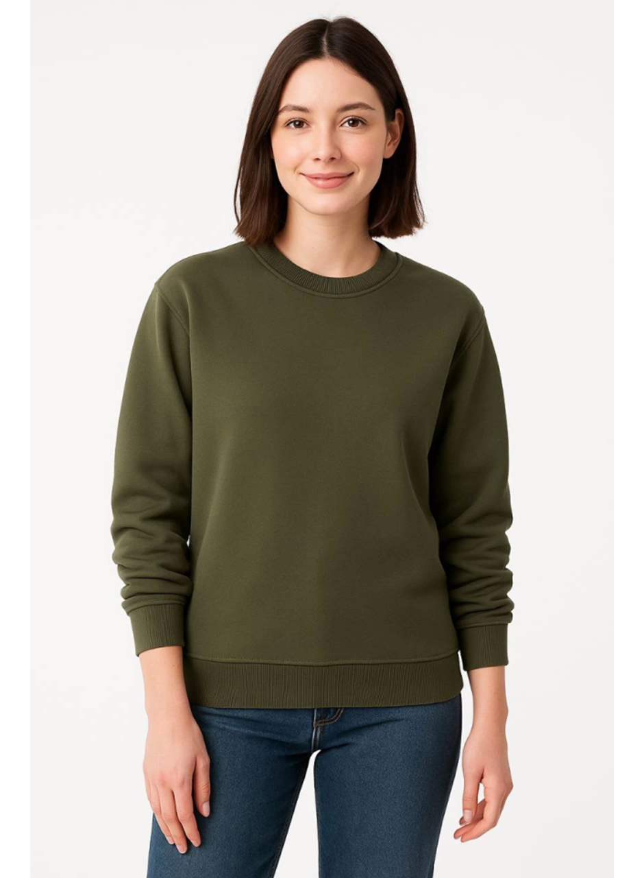 Üç İplik Düz Bisiklet Yaka SweatShirt - Haki