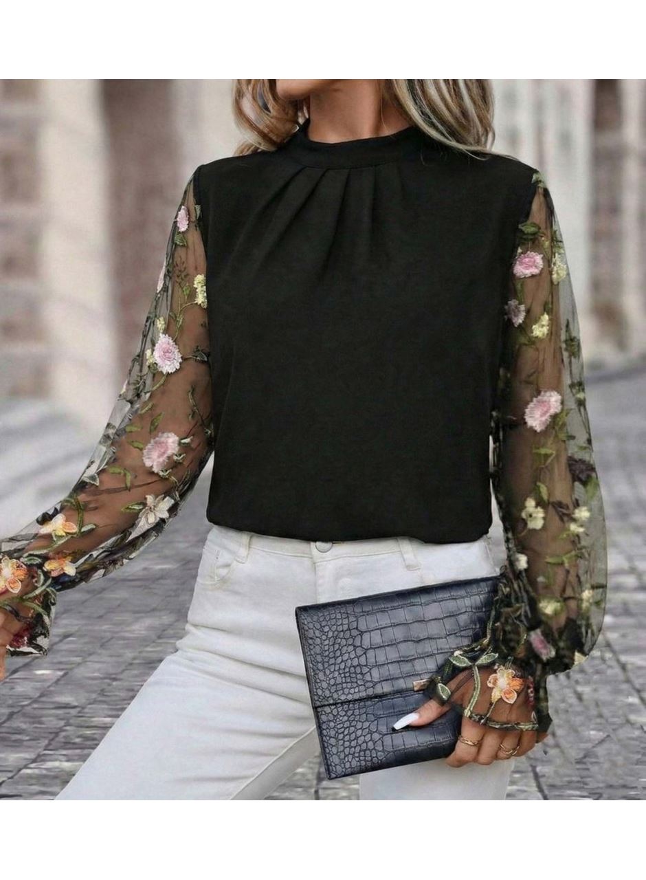 Kadın Uzun Kollu Yarı Balıkçı Yaka Tül Detaylı Ithal Krep Bluz