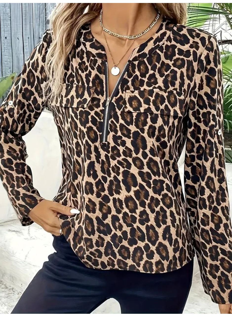 Kadın Uzun Kollu önden Fermuarlı Leopar Desenli Modal Bluz