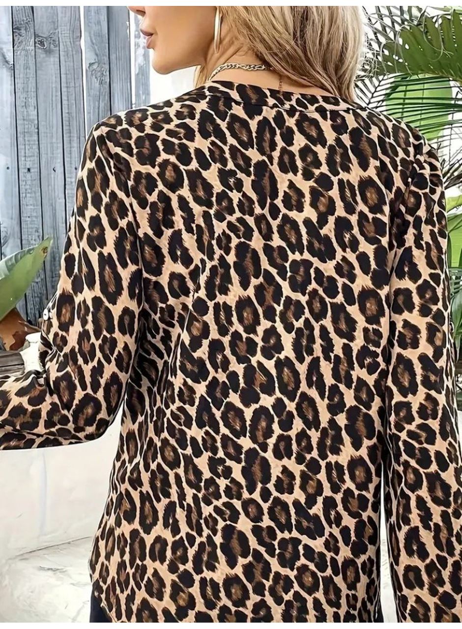 Kadın Uzun Kollu önden Fermuarlı Leopar Desenli Modal Bluz