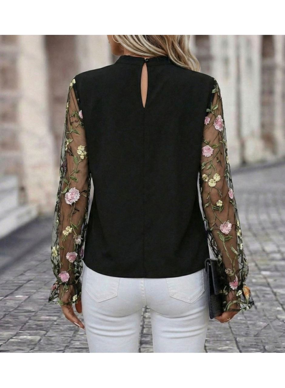 Kadın Uzun Kollu Yarı Balıkçı Yaka Tül Detaylı Ithal Krep Bluz