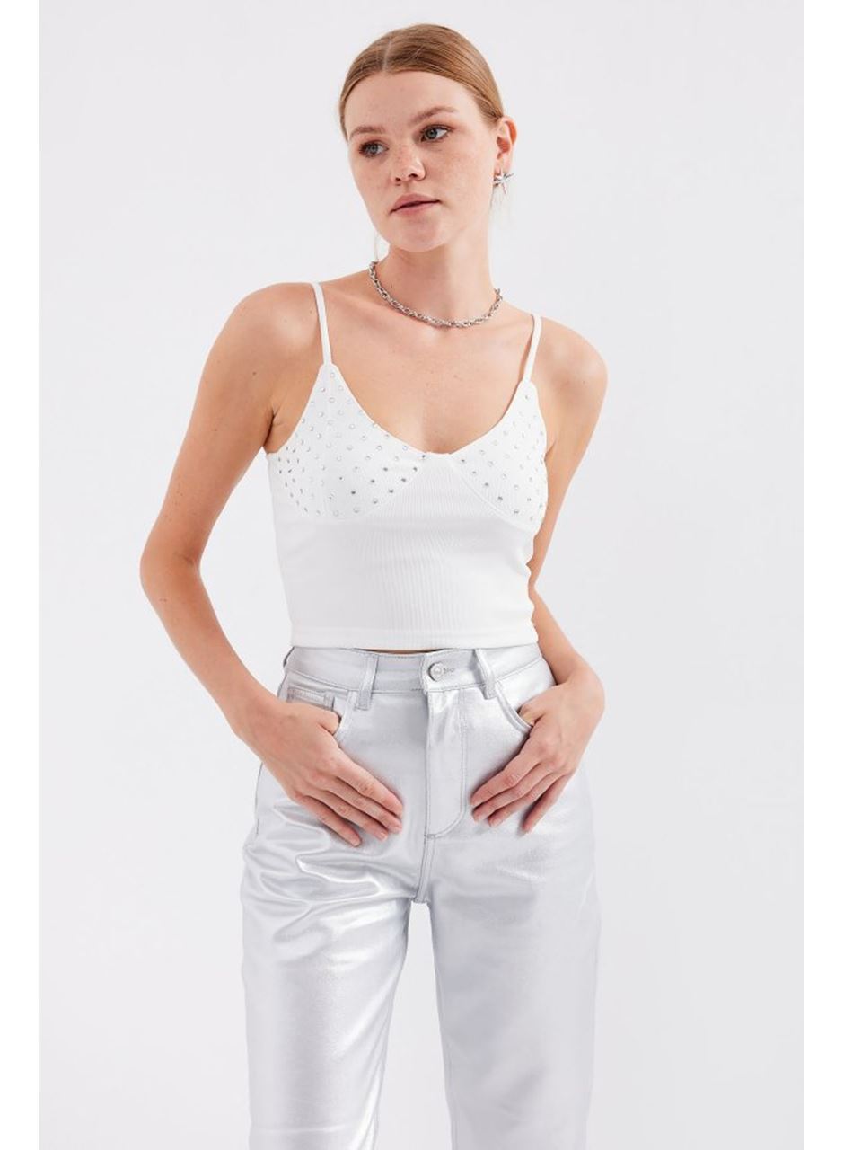 918 İp Askılı Crop Top - Beyaz