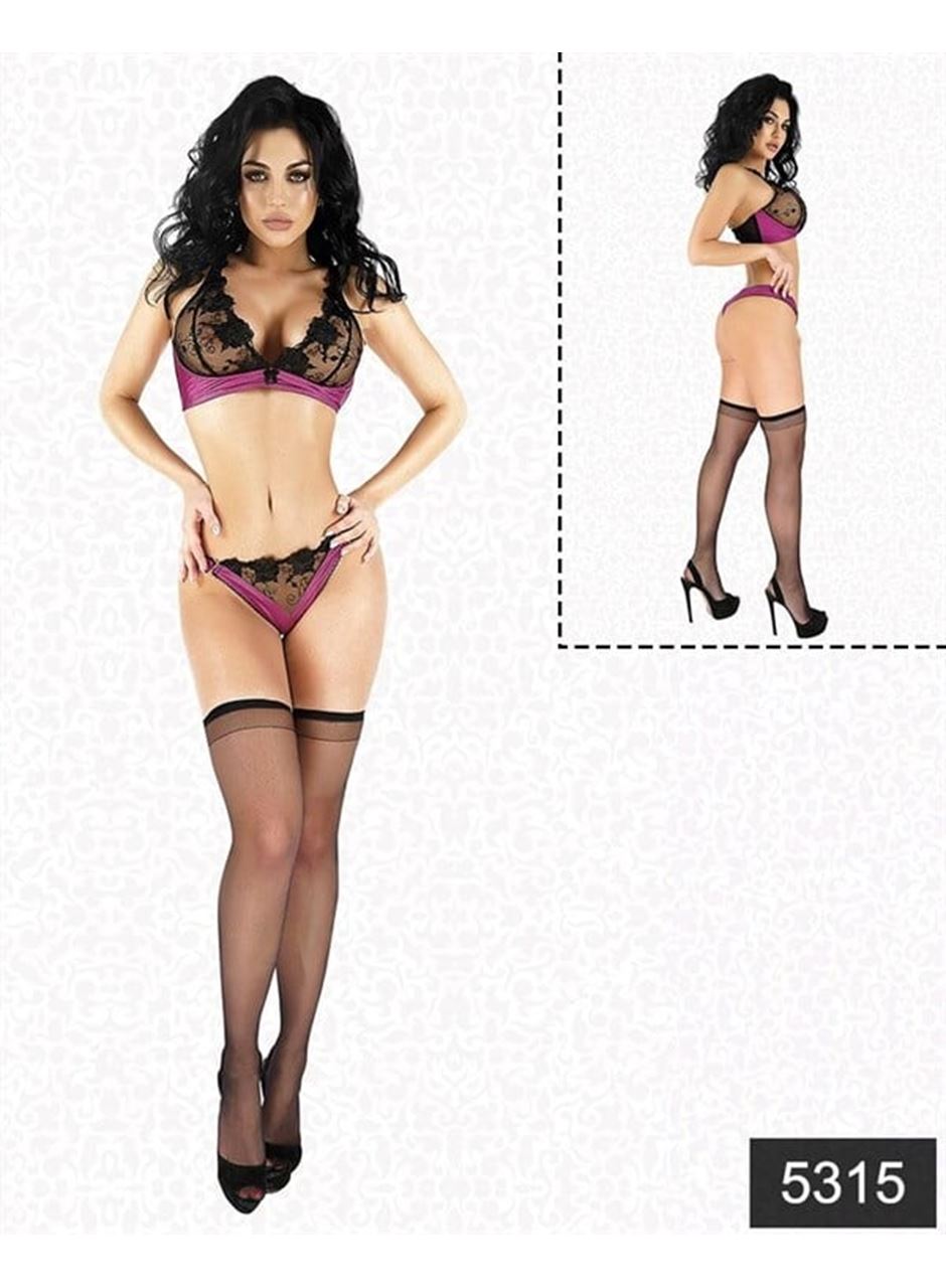 Saten Dantelli Fantazi Çorap Sütyen Tanga Set