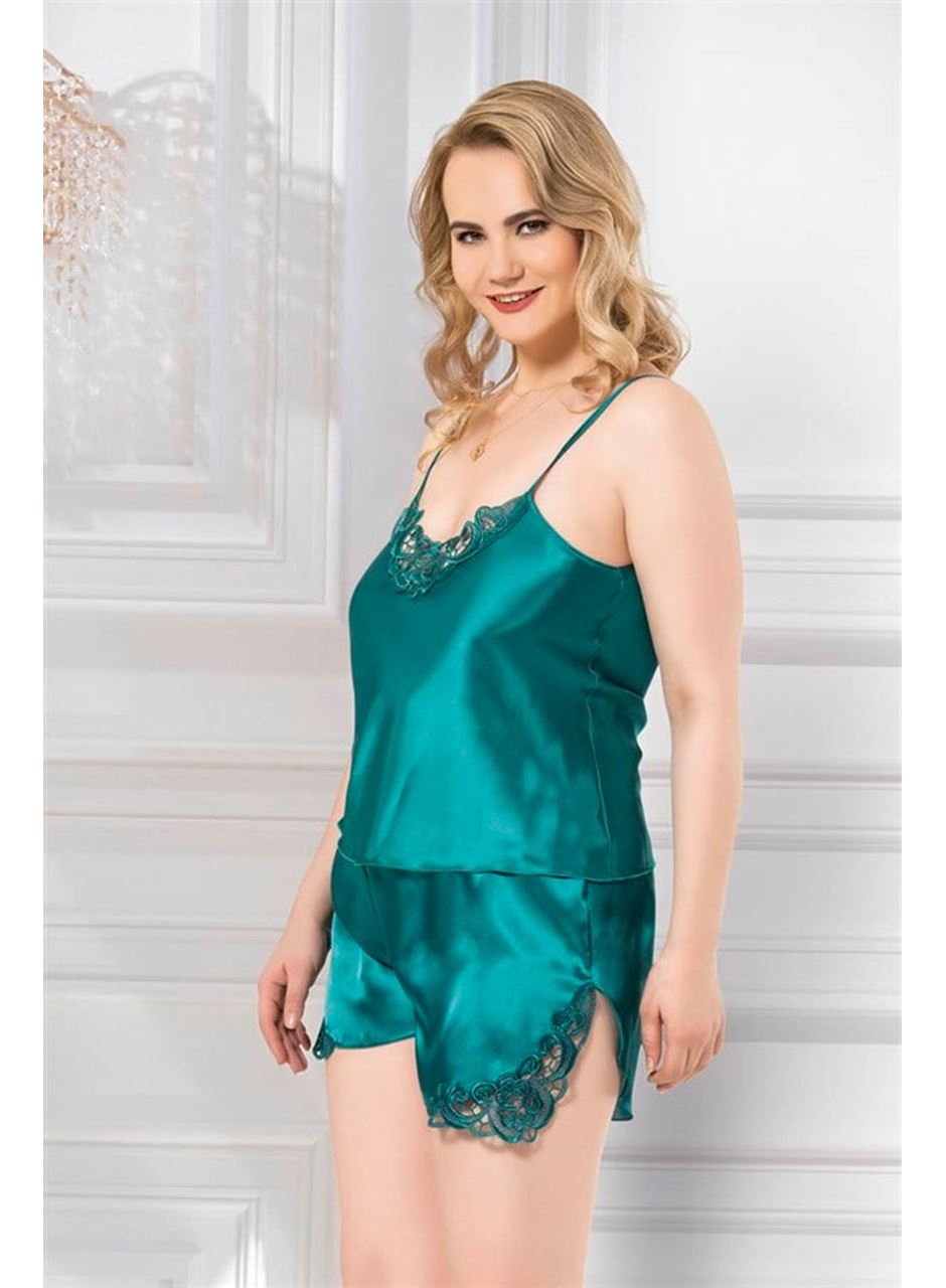 Büyük Beden Zümrüt Saten Babydoll Şort Takımı