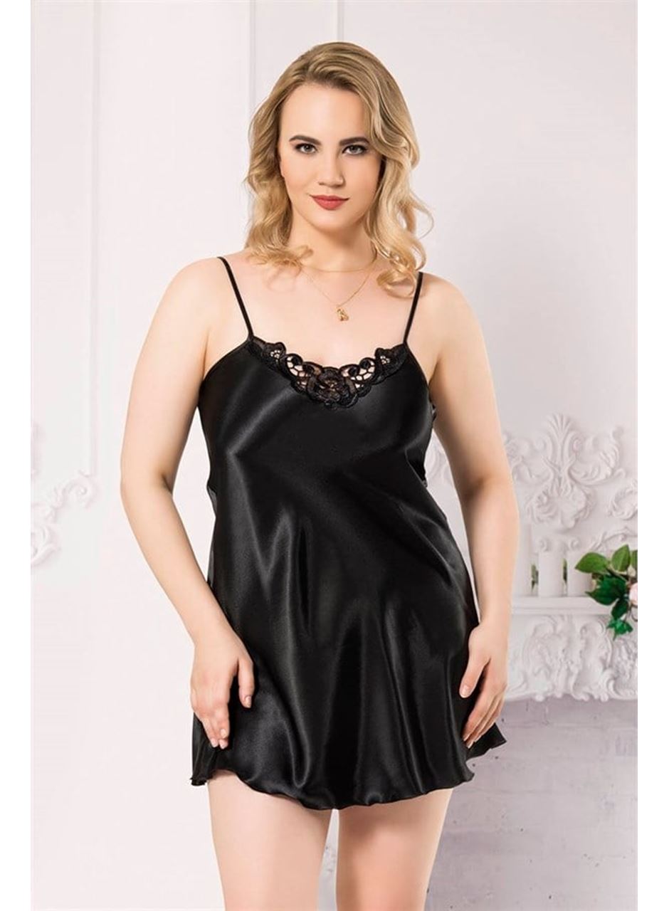 Büyük Beden Siyah Kısa Saten Gecelik