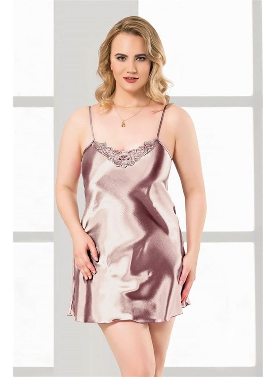 Büyük Beden Vizon Kısa Saten Gecelik