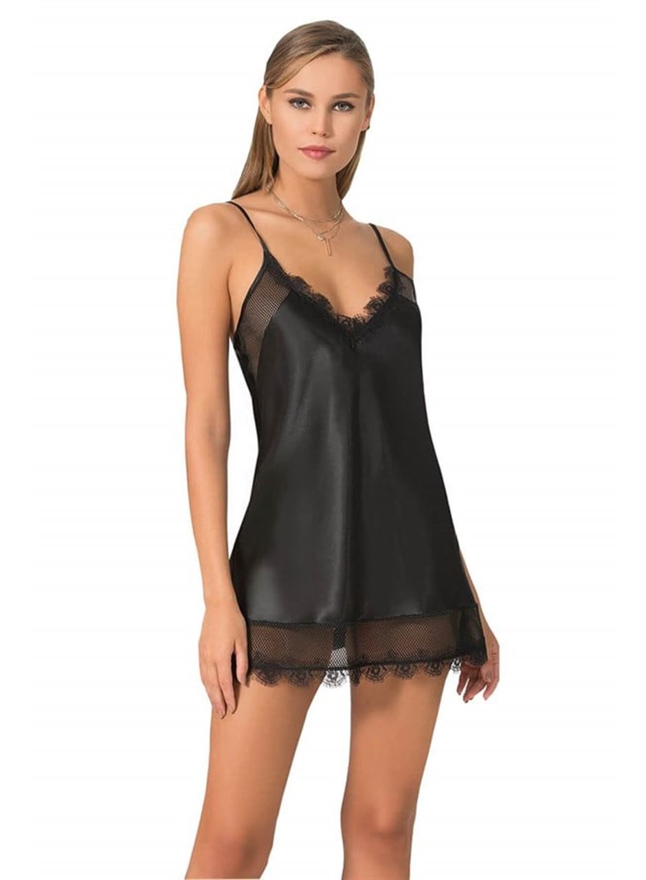 Siyah Kısa Saten Gecelik