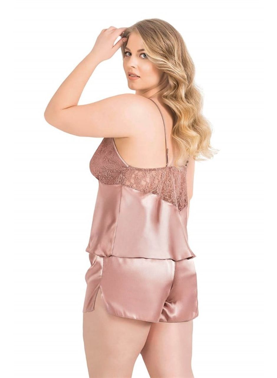 Büyük Beden Vizon Saten Babydoll Şort Takımı