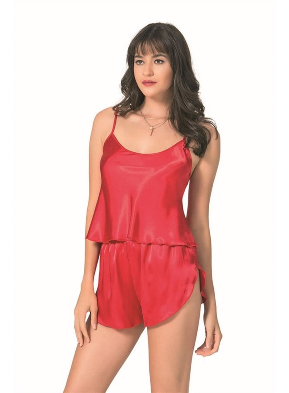 Kırmızı Saten Babydoll Şort Takımı