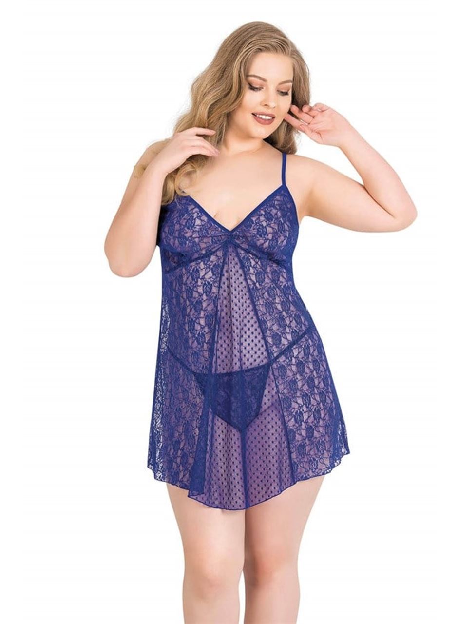 Büyük Beden Saks Kısa Tül Gecelik