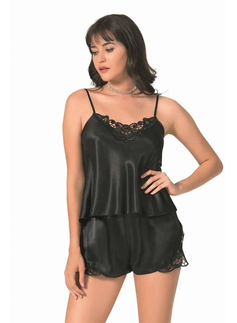 Siyah Saten Babydoll Şort Takımı