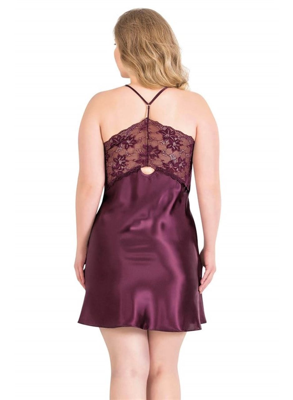 Büyük Beden Mürdüm Kısa Saten Gecelik