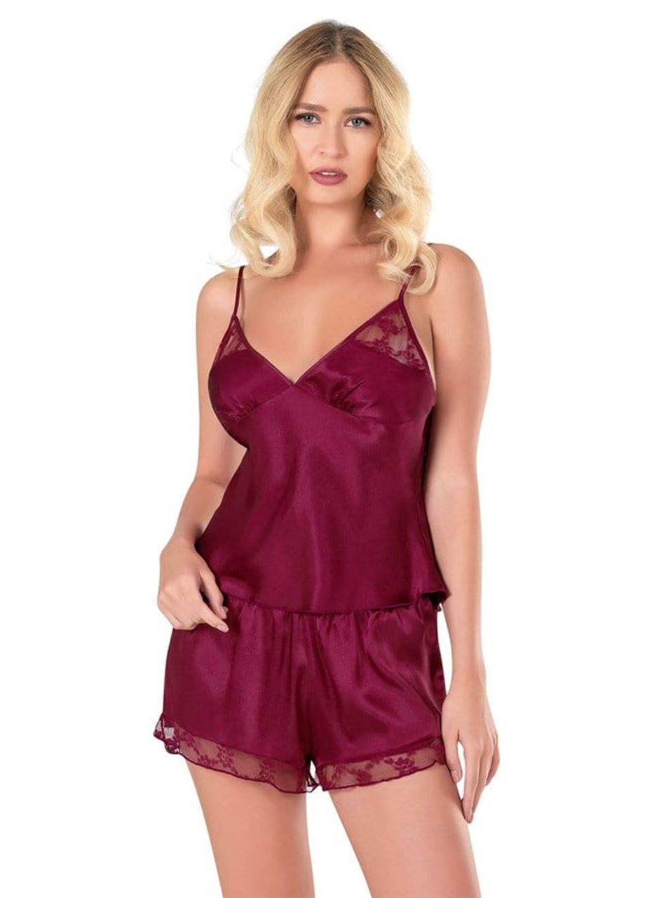 Bordo Saten Babydoll Şort Takımı