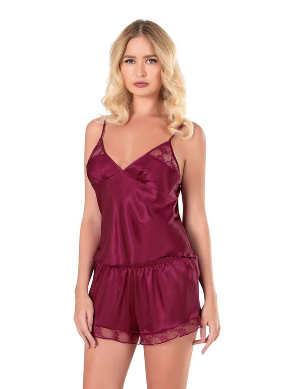 Bordo Saten Babydoll Şort Takımı